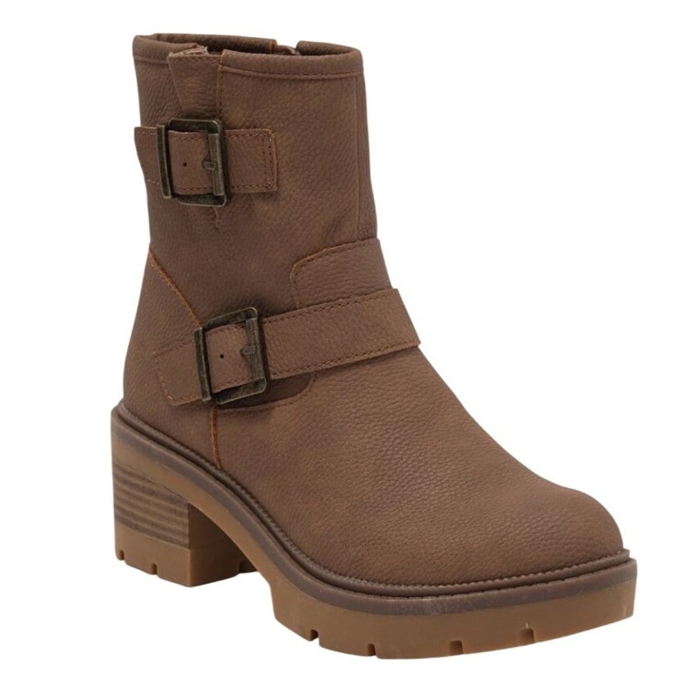 NIB b.o.c. Born Monika‎ Taupe Nubuck Platform Moto Bootie 7.5 Lug Sole Boots Tan